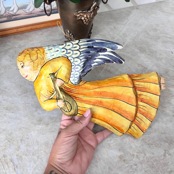 Vintage Paper Mâché Angel with Lute – Hand-Painted Folk Art Style – Hanging Holiday or Year-Round Wall Decor