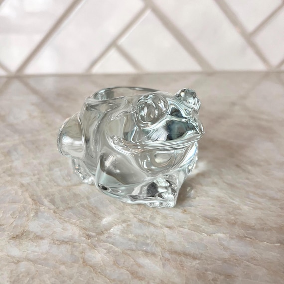 Vintage Indiana Glass Sitting Frog Candle Holder – Clear Hand Blown Crystal Glass Votive – USA Made Paperweight Style Decor