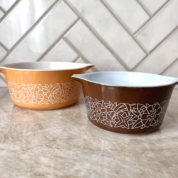 Vintage Pyrex Woodland 473 Cinderella Casserole Set | Brown & Tan Floral Bakeware | Fall Autumn Seasonal Kitchen | Collectable Grandmacore
