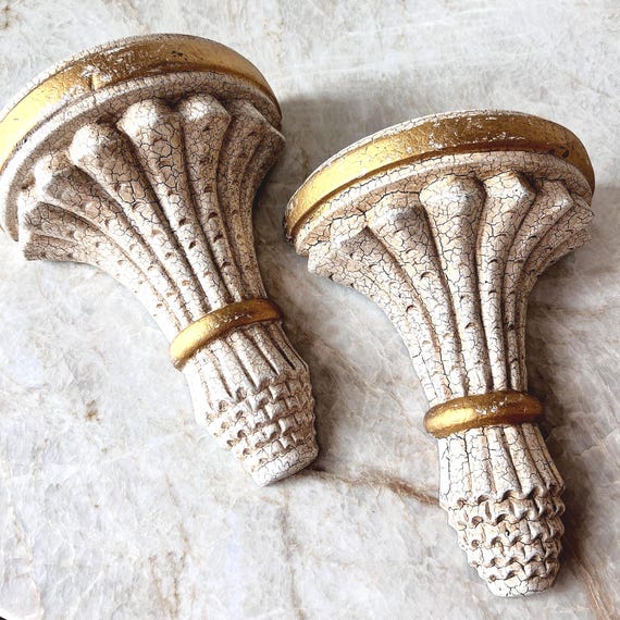Pair of Vintage Wall Shelves | Gold Accent Corbel Ledges, Fluted Fan Carved Sconces, Crackle Finish Wall Decor, Classical Pediment Style