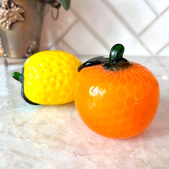 Vintage Murano Glass Lemon & Orange Fruit Set – Hand Blown Italian Art Glass 1970s Decor | Citrus Art Sculptures | Zesty 3D Art