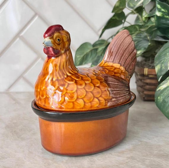 Vintage Ceramic Chicken Covered Casserole Dish- Small Tureen- 1970s Secla Portugal- Brown Chicken- Farmhouse Kitchen Decor- Collector