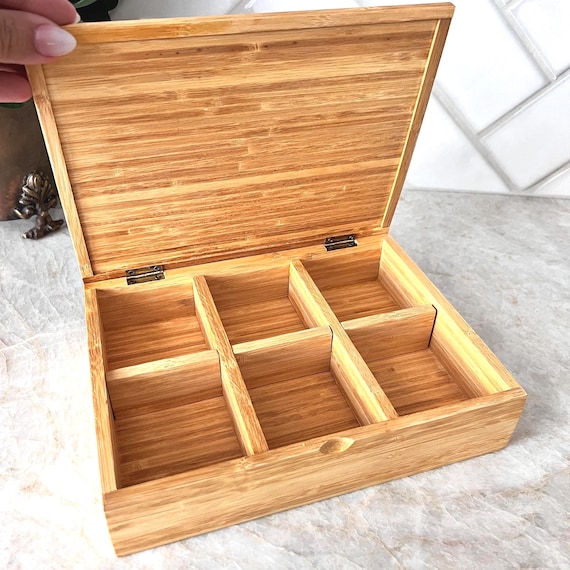 Vintage Bamboo Tea Box Organizer with 8 Compartments – Rustic Natural Wood Storage for Tea Bags, Jewelry, Craft Supplies