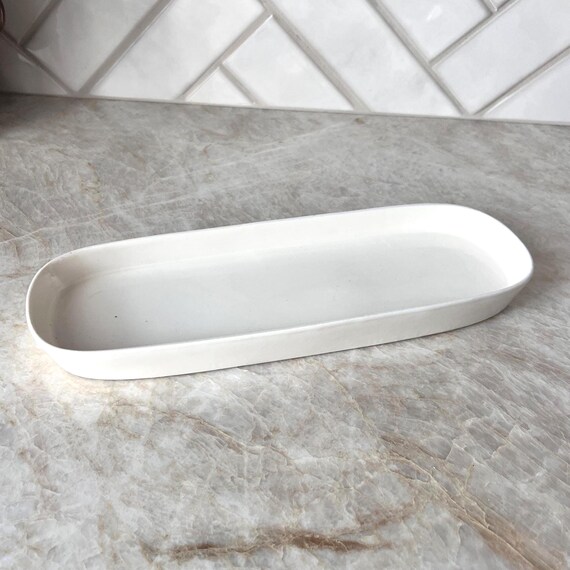 Rae Dunn Long White Ceramic Dish | Artisan Collection Tray | Jewelry Holder, Vanity Dish, Kitchen Serving Plate, Farmhouse Decor