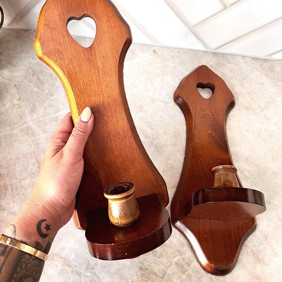 Set Vintage 1980 Wooden Wall Sconces Heart Cutouts – Rustic Cottagecore Candle Holders/ Farmhouse Wood Wall Decor/ Primitive Country Style