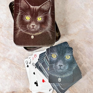 Vintage Black Cat Playing Cards with Tin – Gothic Cat Lover Gift – Complete Deck with Unique Art