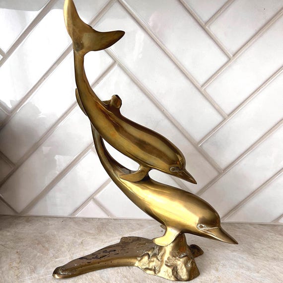 Vintage Brass Dolphin Figurine for Collectors | Mid Century Modern 2 Dolphin Sculpture | Coastal Ocean Decor | Nautical Animal Statue