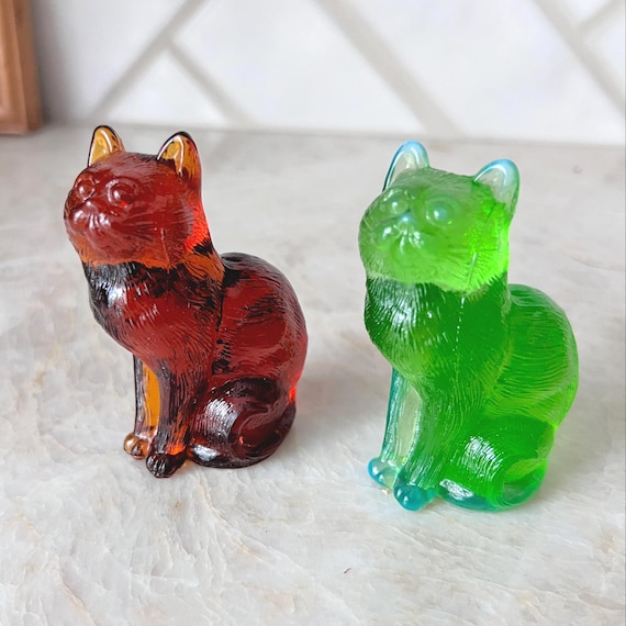 Vintage Mosser Glass Cat Figurines – Emerald Green & Amber Red – 1980's Sitting Cats