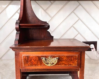 Vintage Wooden Vanity Organizer with Drawer, Mini Dresser Jewelry Box, Burled Wood Accent, Tabletop Shelf Display, Cottage Style Decor