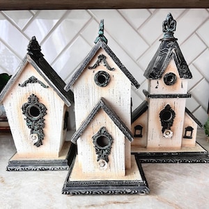 Vintage-Inspired Decorative Gothic Birdhouses – Set of 3 Shabby Chic Ornate Church-Style Houses with Metal Accents and Crystal Details