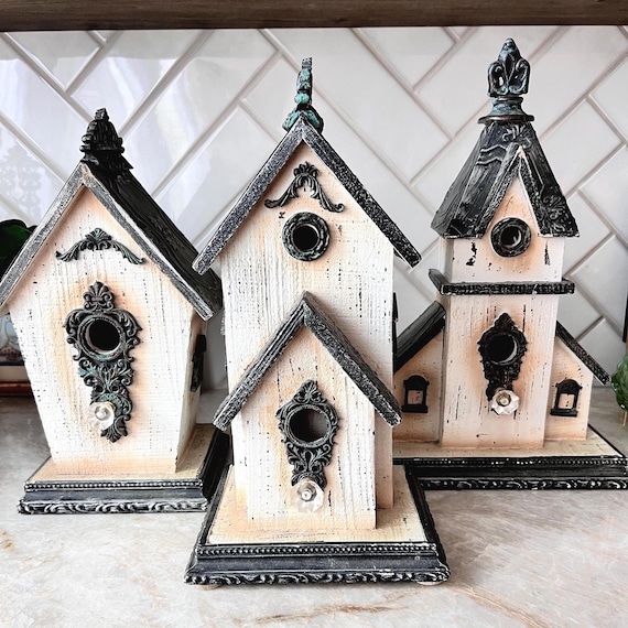 Vintage-Inspired Decorative Gothic Birdhouses – Set of 3 Shabby Chic Ornate Church-Style Houses with Metal Accents and Crystal Details