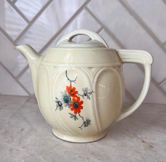 Vintage 1930s Hall Pottery Cathedral Dripolator – Enterprise Aluminum Coffee Pot – Art Deco Floral Teapot – Repaired Crack – Decorative Use