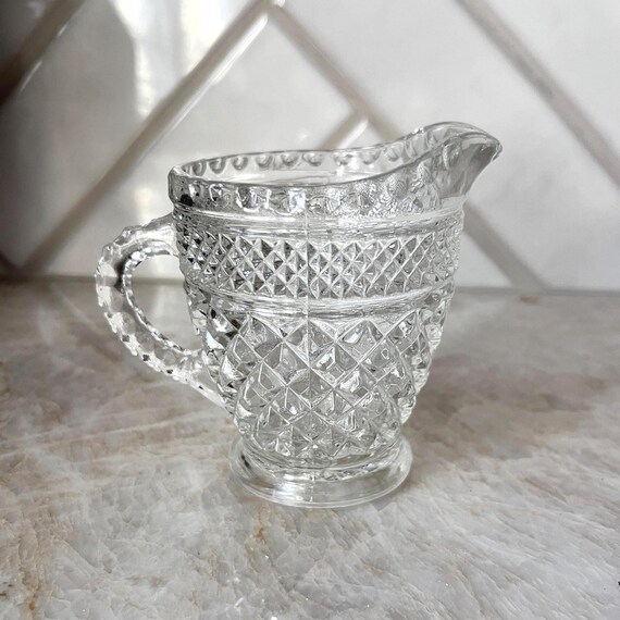 Vintage Pressed Glass Creamer Pitcher | Diamond Pattern Mini Milk Jug | Tiny Clear Glass Syrup Server | Shabby Cottage Tea Party Decor