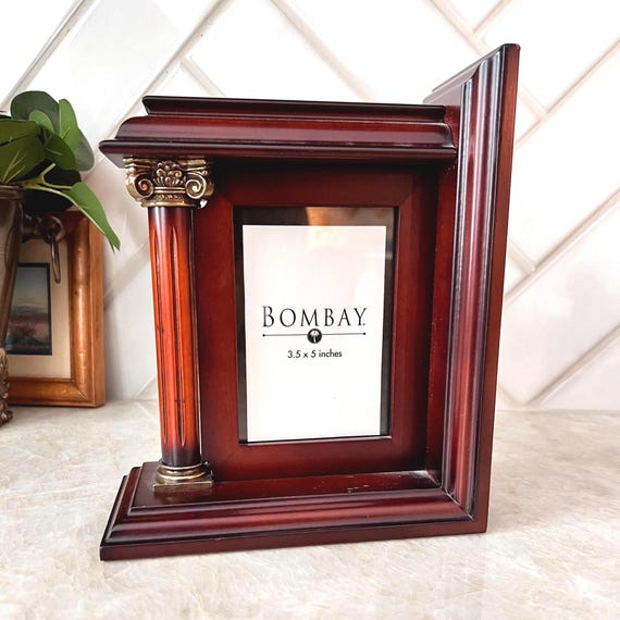 Vintage Bombay Bookend Photo Frame – Ornate Wood & Brass Column, 3.5x5 Picture Frame, Classic Home Office Decor, Mahogany Finish