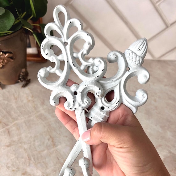 Set of 2 White Cast Iron Wall Hooks | Distressed French Country Key & Fleur-de-Lis Hooks | Rustic Cottage Wall Decor | Shabby Chic Farmhouse