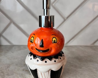 Collectible Johanna Parker Pumpkin Soap Dispenser | Halloween Lotion Pump | Vintage Style Ceramic Decor | Whimsical Fall Bathroom or Kitchen