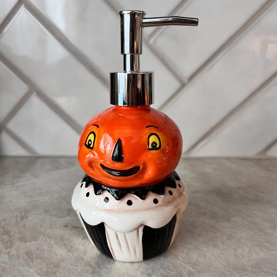 Collectible Johanna Parker Pumpkin Soap Dispenser | Halloween Lotion Pump | Vintage Style Ceramic Decor | Whimsical Fall Bathroom or Kitchen