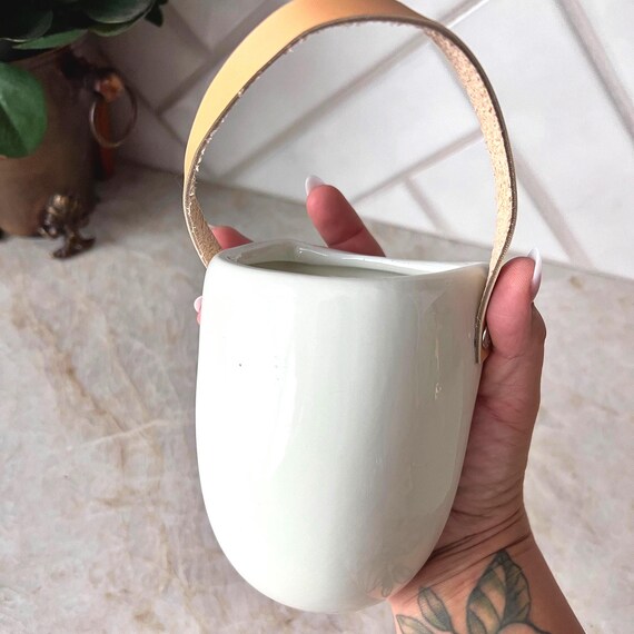 Modern White Ceramic Hanging Wall Vase w/ Leather Strap | Minimalist Wall Planter | Scandinavian Wall Pocket for Air Plants, Dried Flowers
