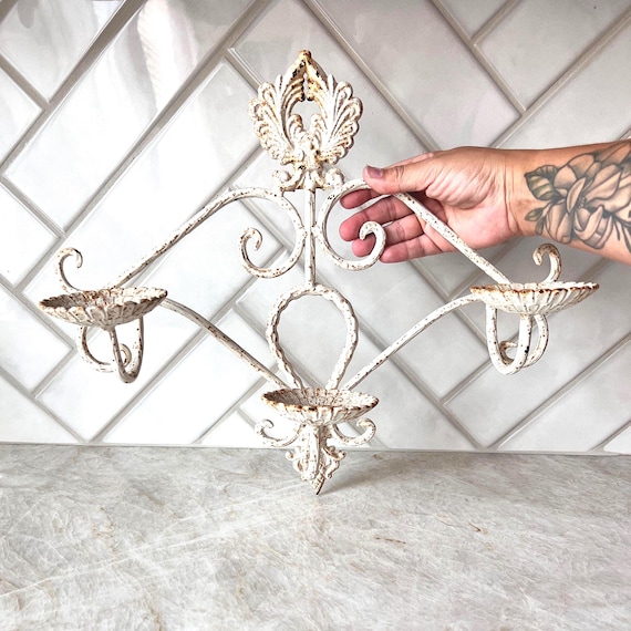 Vintage Cast Iron Triple Candle Holder Wall Sconce – Distressed White Gothic Scroll Design, Rustic French Country Wall Decor