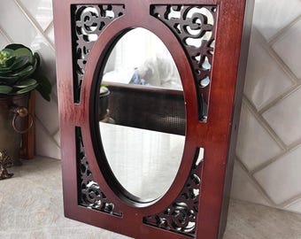 Vintage Wooden Jewelry Box with Mirror | Carved Wood Jewelry Organizer, Necklace & Ring Storage, Vanity Decor, Gift for Her