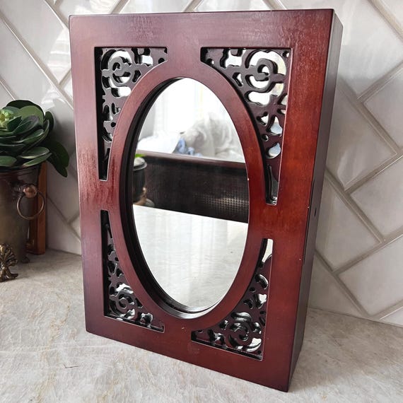 Vintage Wooden Jewelry Box with Mirror | Carved Wood Jewelry Organizer, Necklace & Ring Storage, Vanity Decor, Gift for Her