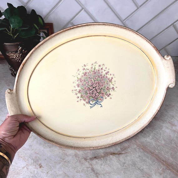 Mid Century Florentine Tray with Forget-Me-Nots Bouquet | Made in Italy Decorative Toleware