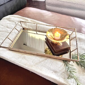 Vintage Gold Bamboo Mirror Vanity Tray – Hollywood Regency Style 