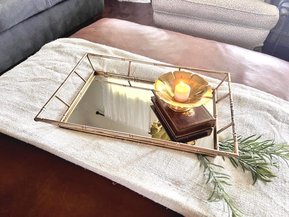 Vintage Gold Bamboo Mirror Vanity Tray – Hollywood Regency Style, Mid-Century Glam Décor, Brass Tone Metal Frame, Mirrored Perfume Tray