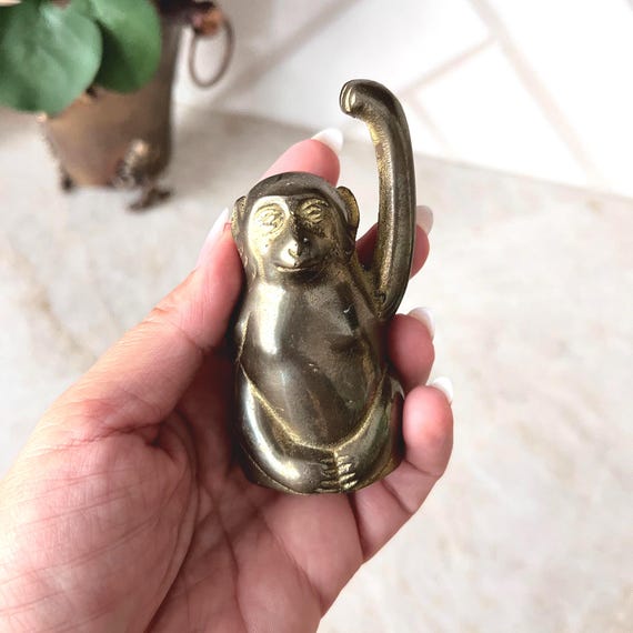 Vintage Solid Brass Monkey Bell with Raised Arm, Animal Figurine with Character, Miniature Brass Bell, Whimsical Desk Decor