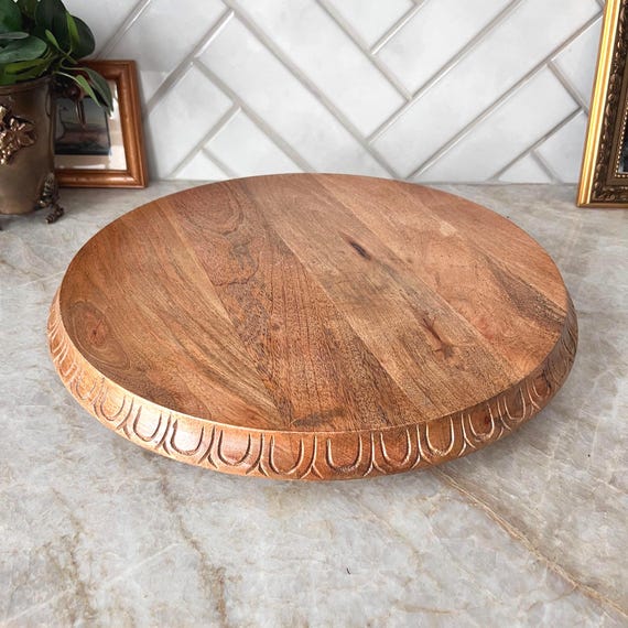 Carved Wooden Lazy Susan – 18” Round Turntable, Solid Wood Swivel Tray, Boho Farmhouse Table Decor