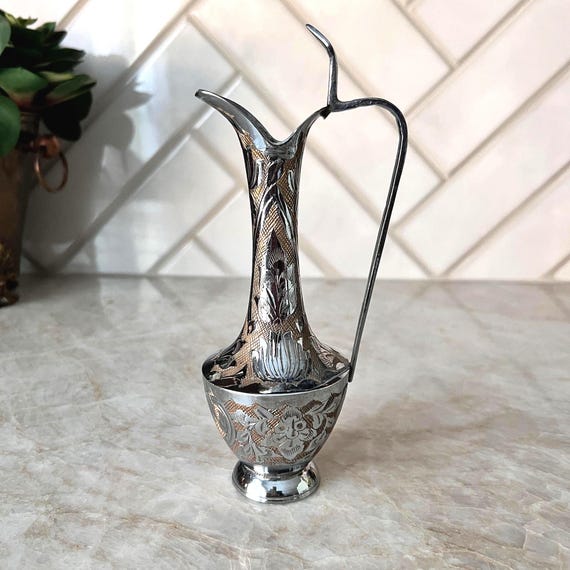 Antique Etched Brass and Silver Ewer Pitcher | Ornate Middle Eastern Style Mini Jug | Vintage Decor Accent | Small Collectible Vessel