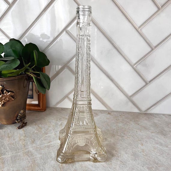 Vintage Eiffel Tower Glass Bottle – Paris-Inspired Decorative Bottle – French Chic Flea Market Decor