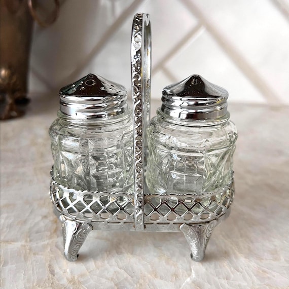 Vintage Glass Salt and Pepper Shakers in Ornate Metal Stand – Made in England, Silver Plated Caddy with Footed Base