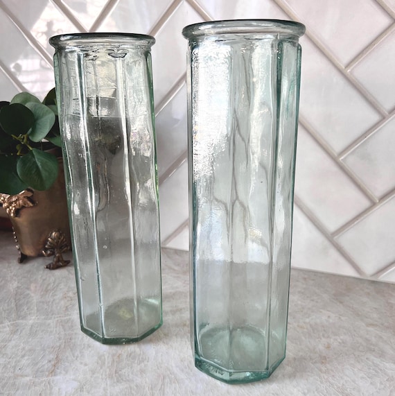 Vintage Ben Rickert Octagonal Hand-Blown Vase | 12" Tall Hexagon Glass Jar | Retro Green Glass | Made in Spain
