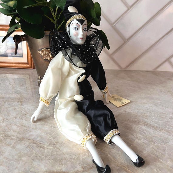Vintage 1980 Harlequin Clown Doll | Porcelain Pierrot Jester in Black & White Costume | Collectible Carnival Doll, Gothic Home Decor