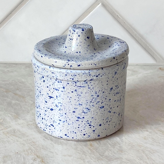 Vintage Blue Splatterware Butter Crock w/ Lid | Stoneware Speckled Kitchen Jar | Primitive Country Farmhouse Decor | Rustic Lard Canister