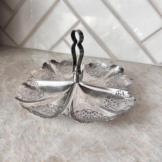 Vintage Silver Divided Serving Tray with Handle | Ornate Etched Silverplate Dish | Hostess Gift, Wedding Tableware, Vanity or Jewelry Tray