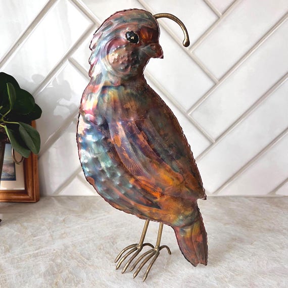 Mid Century Quail Metal Sculpture – Vintage Brass Copper Tin Bird Art – Standing Rustic Wall or Shelf Decor