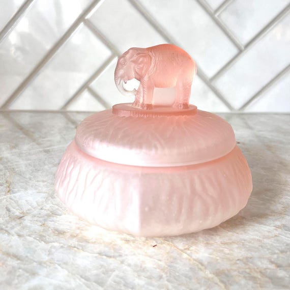 Vintage L.E. Smith Greensburg Glass Pink Satin Elephant Powder Box – 1930's Art Deco Vanity Jar, Depression Glass Collectible