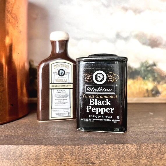 Vintage Watkins Salt & Pepper Shakers | Retro Clear Glass Spice Shakers with Black Lids | Classic Pantry Decor | Country Farmhouse Kitchen