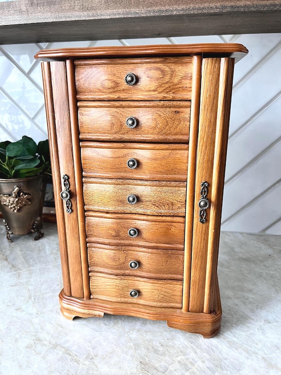 Vintage Tall Wood Jewelry Armoire with Mirror | Multi-Drawer Standing Jewelry Box with Side Doors and Red Velvet Lining