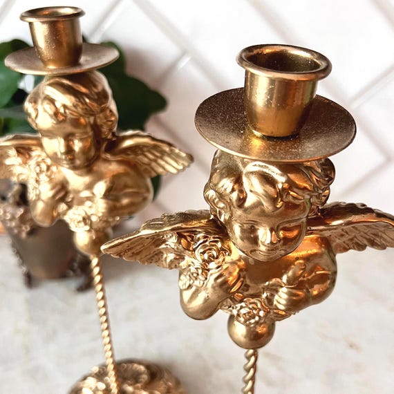 Vintage Gold Cherub Candle Holders | Ornate Angel Taper Candle Set | Rococo Baroque Style Holiday Mantel Decor | 11” Tall Pair