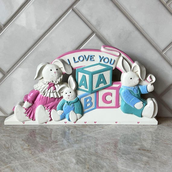 Vintage Home Interiors Nursery Wall Sign | I Love You ABC Bunny Plaque | Pastel Baby Room Decor | 90s Baby Shower Gift | Kawaii Kid's Room