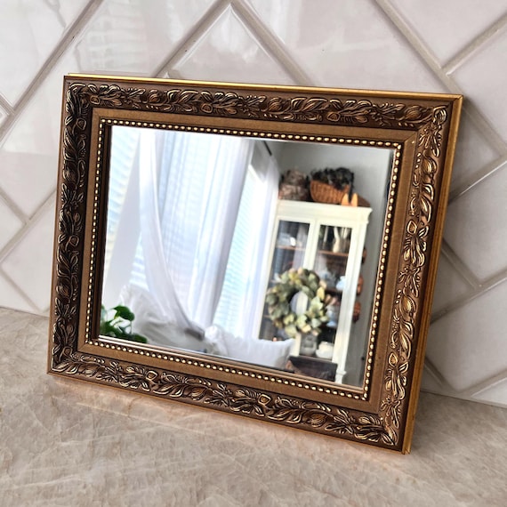 Vintage Ornate Gold Framed Mirror | Baroque Rococo Style Wall Accent Mirror with Embossed Wood Frame | 12” x 11” Small Shelf Bookcase Mirror