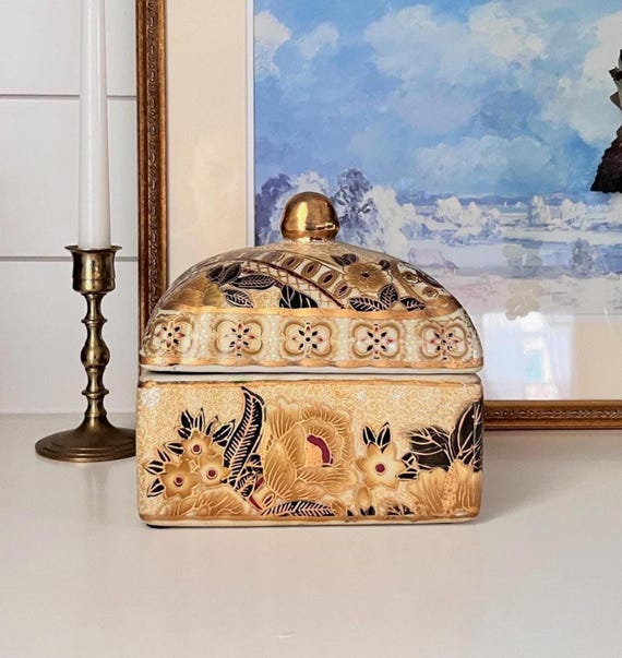 Vintage Hand-Painted Bisque Porcelain Dresser Box with Lid – Floral Motif | Gold Accents | Jewelry or Keepsake Storage