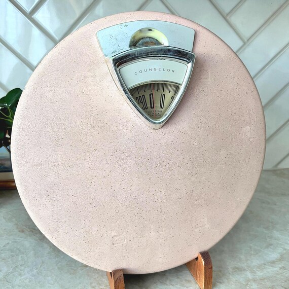 Vintage Mid Century Bathroom Scale – Round Pink Floor Scale with Gold Flecks, Retro Counselor Brand, 1950's MCM Atomic Decor