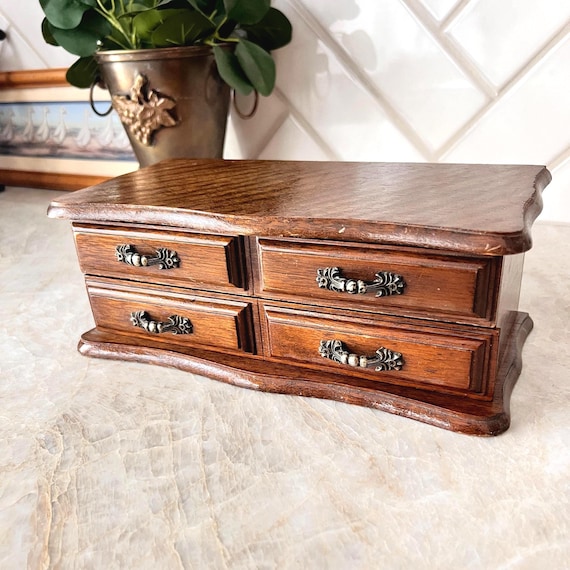 Vintage Wood Jewelry Box with Mirror –  Miniature Chest, Velvet Lined Ring Holder & Compartments, French Country Dresser Top Organizer