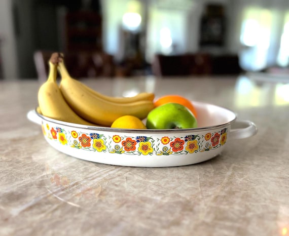 Vintage Enamelware Roasting Pan | Retro Flower Power Design | Mid Century Oval Bakeware | Colorful 1970s Kitchen Decor | 13” x 9” Cookware