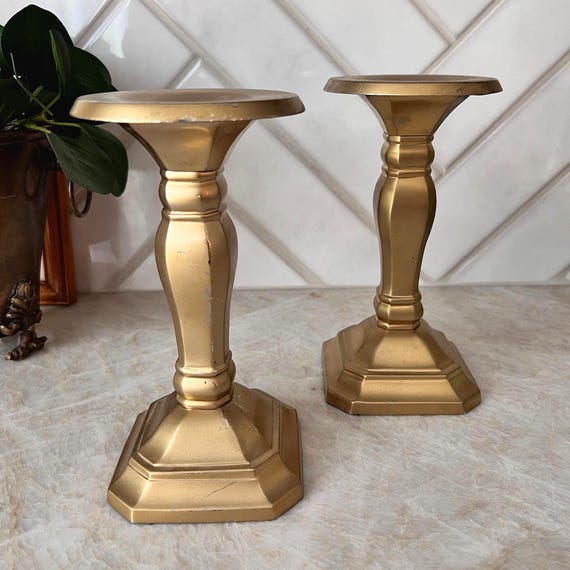 Vintage 1990 Pottery Barn Gold Candlestick Holders | Pair of 8” Pillar Candle Stands | Classic Hollywood Regency Style