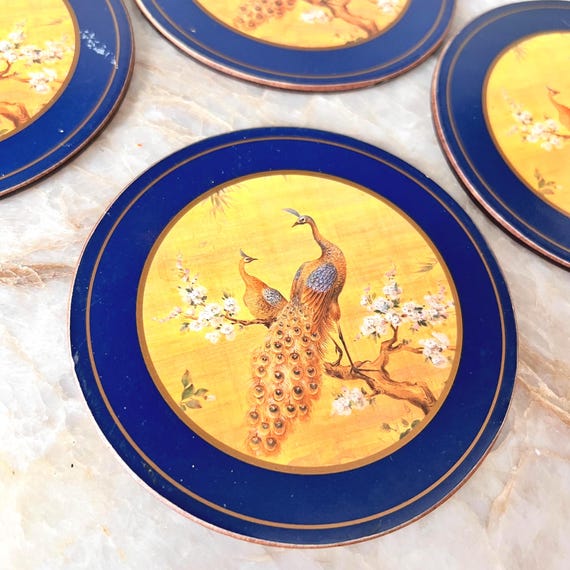 Vintage Peacock Coasters Set of 4 – Mid Century Cork Backed, Blue and Gold Asian-Inspired Drink Coasters, Floral Bird Motif
